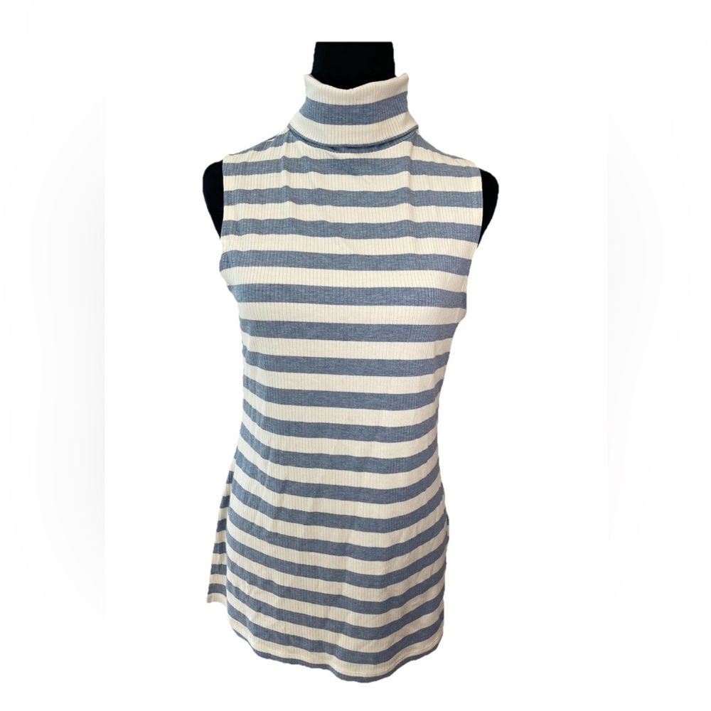 Tommy Hilfiger ladies soft blue cream striped pullover turtleneck sleeveless‎ LG